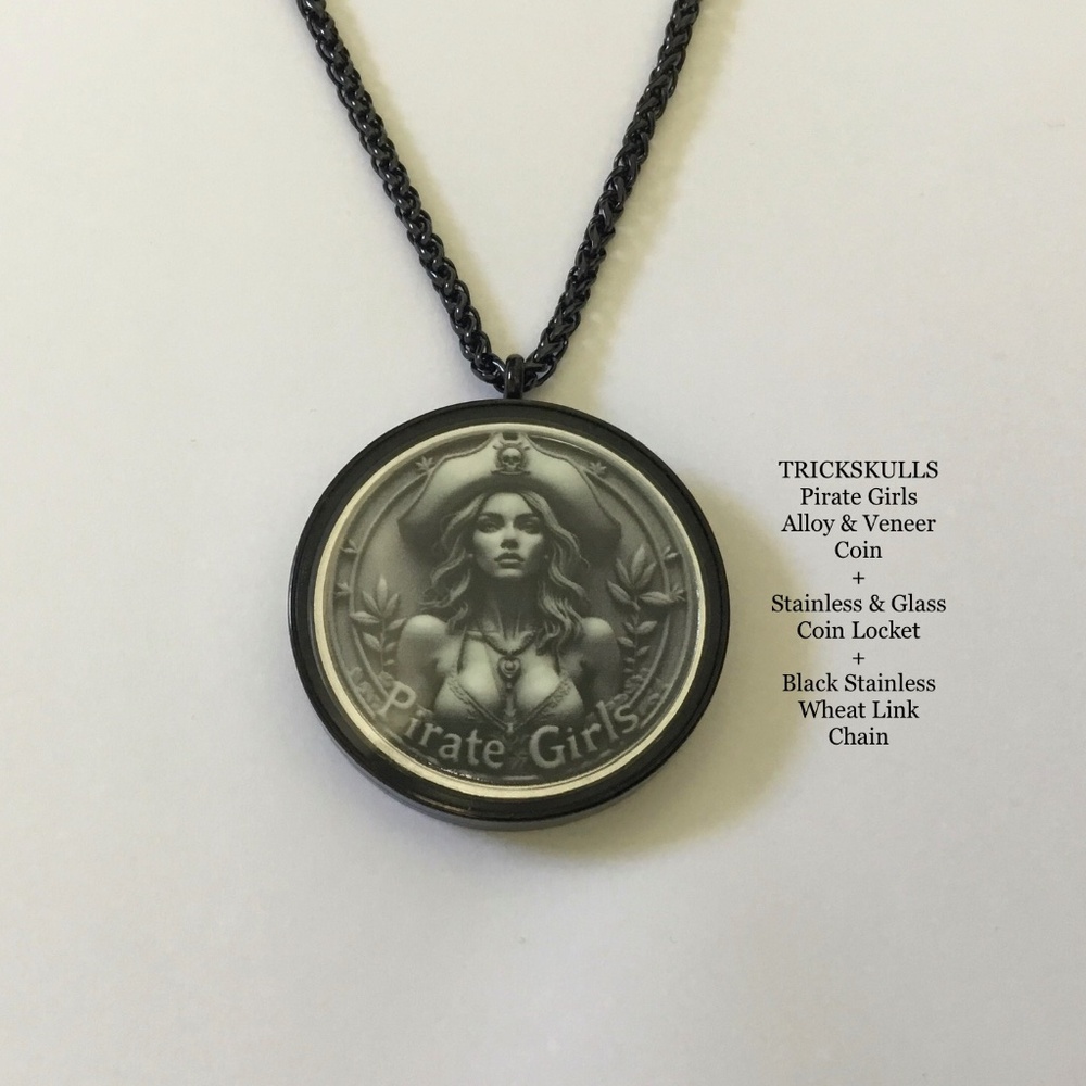 Pirate Girls Alloy & Veneer Coin + Black Stainless Locket + Custom Black Chain
